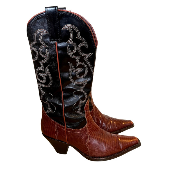 Vintage 1970s Cowboy Boots 6 Real Leather Snakeskin Embossed Western Brown Black - Picture 1 of 6